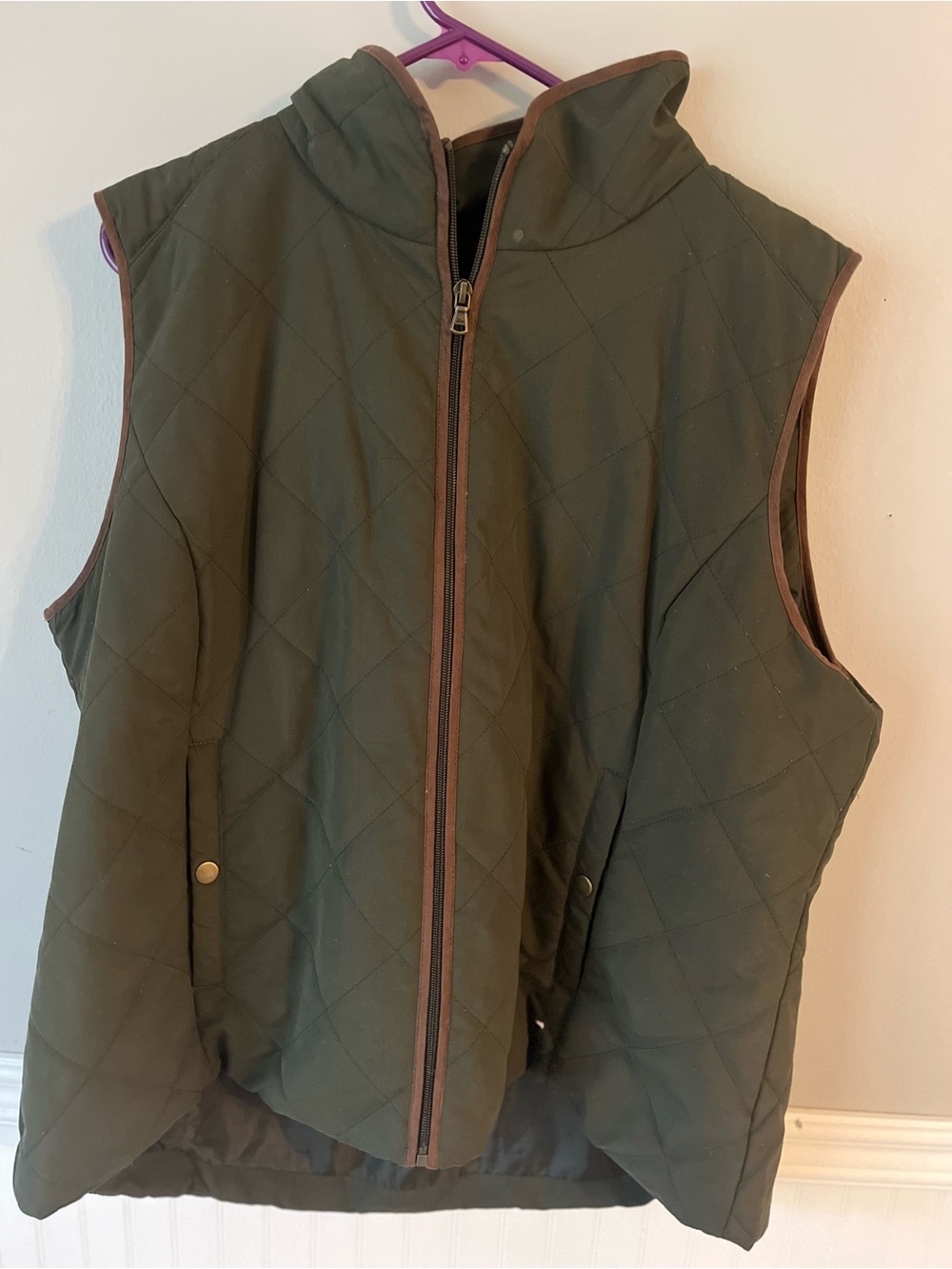 G.H. Bass & Co. Olive Quilted Hooded Kids Vest with Brown Trim